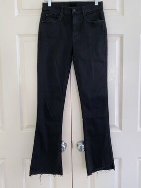 NWOT Mother The Runaway Step Fray Jeans Black 26 Flare Raw Hem Denim